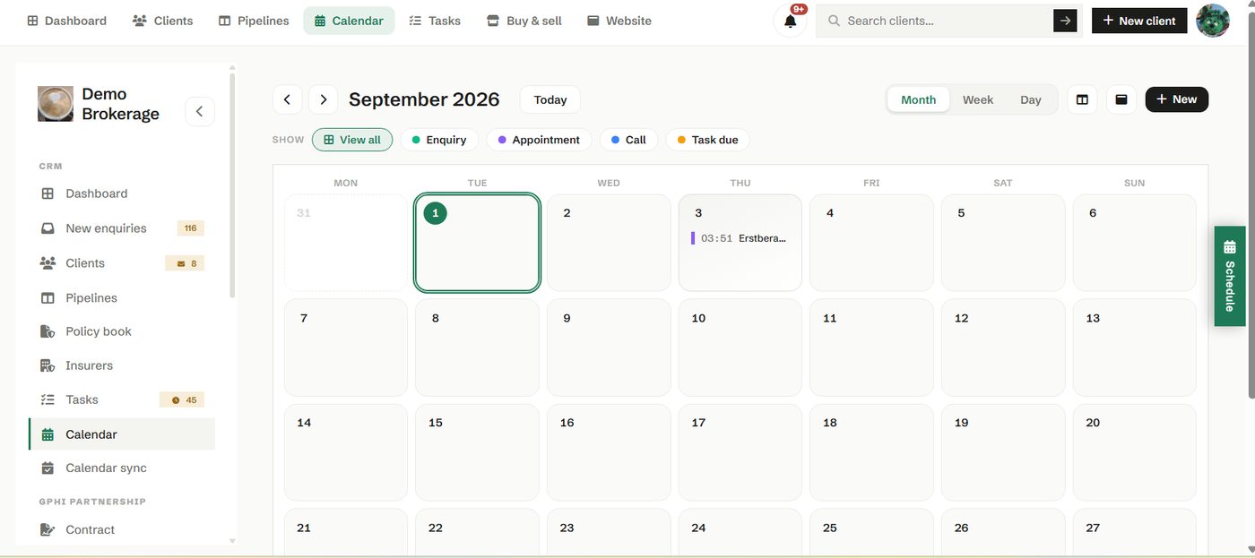 Calendar in Phi CRM